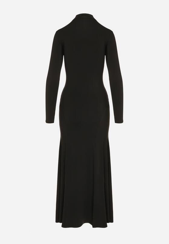 Czarna Taliowana Sukienka Koktajlowa z Wiskozą i Półgolfem Zozelira 7