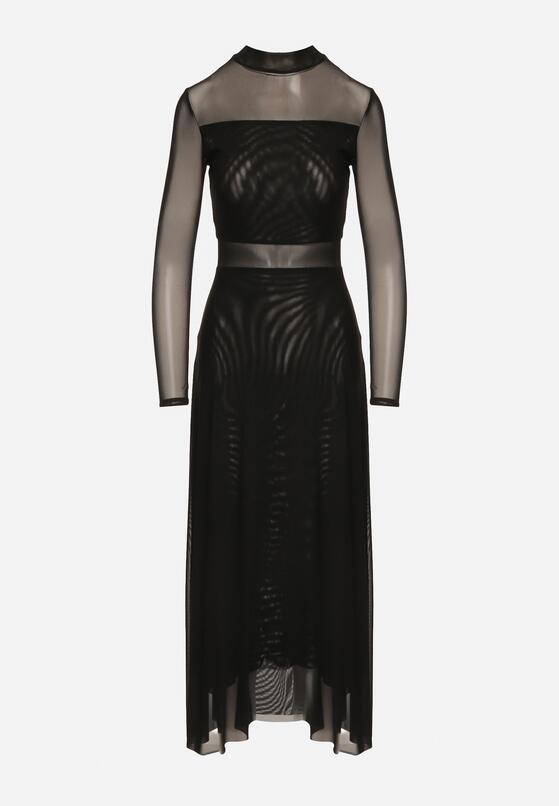 Czarna Siateczkowa Sukienka Rozkloszowana Longsleeve z Domieszką Wiskozy Eprela 6