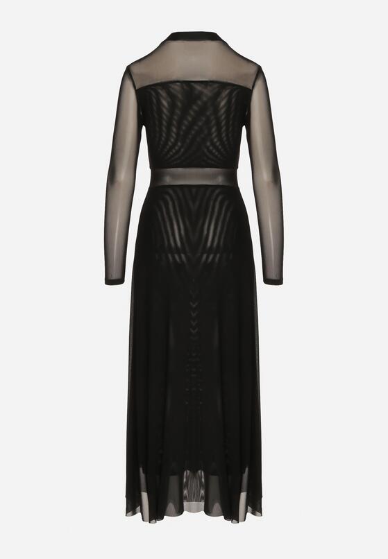 Czarna Siateczkowa Sukienka Rozkloszowana Longsleeve z Domieszką Wiskozy Eprela 7