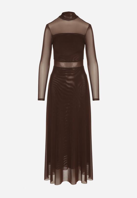 Brązowa Siateczkowa Sukienka Rozkloszowana Longsleeve z Domieszką Wiskozy Eprela 6