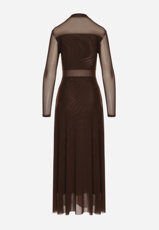 Brązowa Siateczkowa Sukienka Rozkloszowana Longsleeve z Domieszką Wiskozy Eprela 7