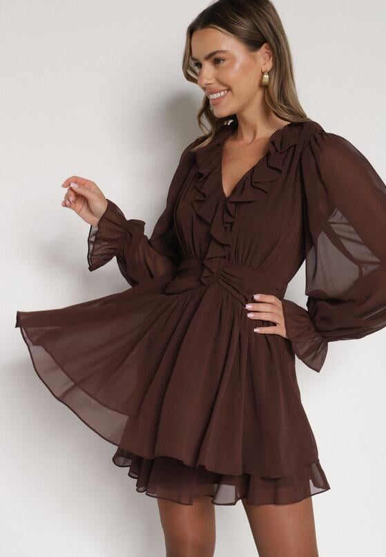 Ciemnobrązowa Rozkloszowana Sukienka z Falbankami i Siateczkowymi Rękawami Zennisa 1
