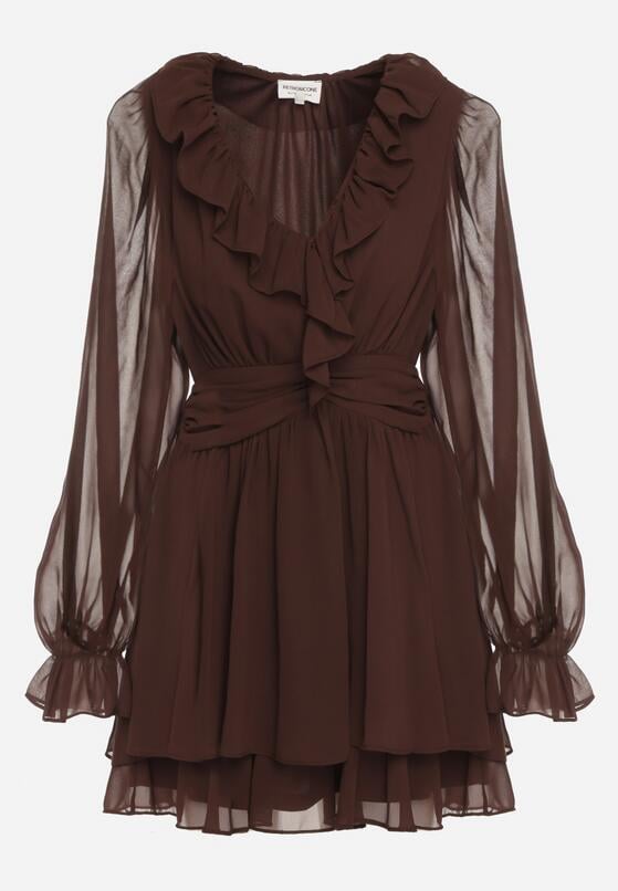 Ciemnobrązowa Rozkloszowana Sukienka z Falbankami i Siateczkowymi Rękawami Zennisa 6
