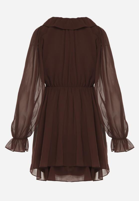 Ciemnobrązowa Rozkloszowana Sukienka z Falbankami i Siateczkowymi Rękawami Zennisa 7
