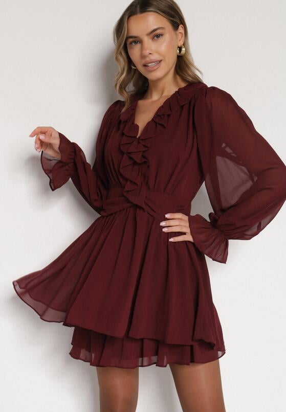 Bordowa Rozkloszowana Sukienka z Falbankami i Siateczkowymi Rękawami Zennisa 1