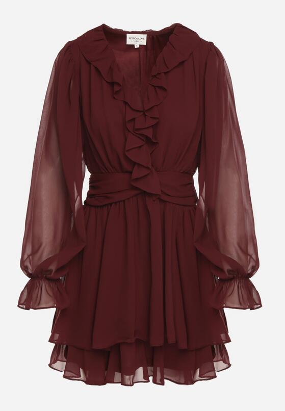 Bordowa Rozkloszowana Sukienka z Falbankami i Siateczkowymi Rękawami Zennisa 6