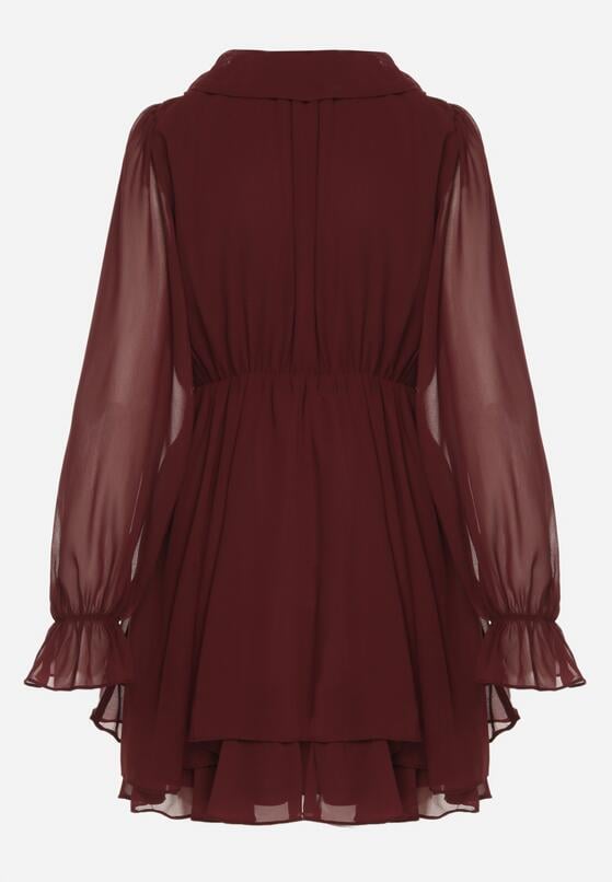 Bordowa Rozkloszowana Sukienka z Falbankami i Siateczkowymi Rękawami Zennisa 7