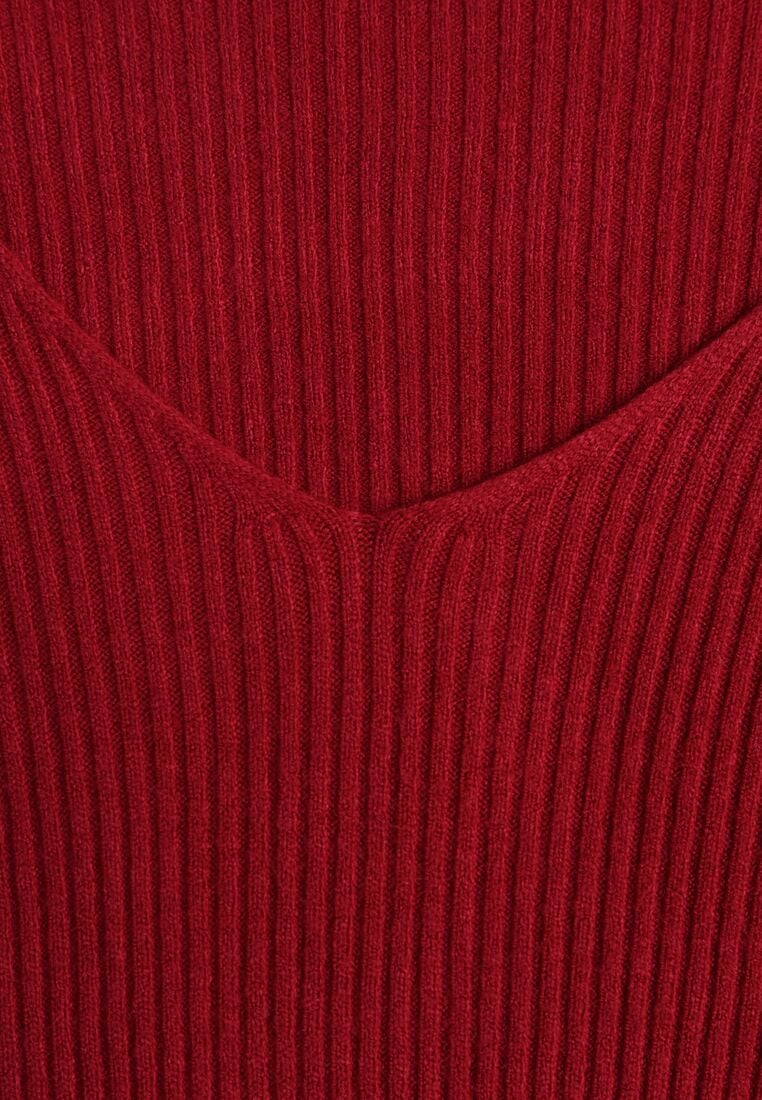 Bordowy Dopasowany Sweter z Prążkowanej Dzianiny z Bawełną z Dekoltem w Serek Tesma 8