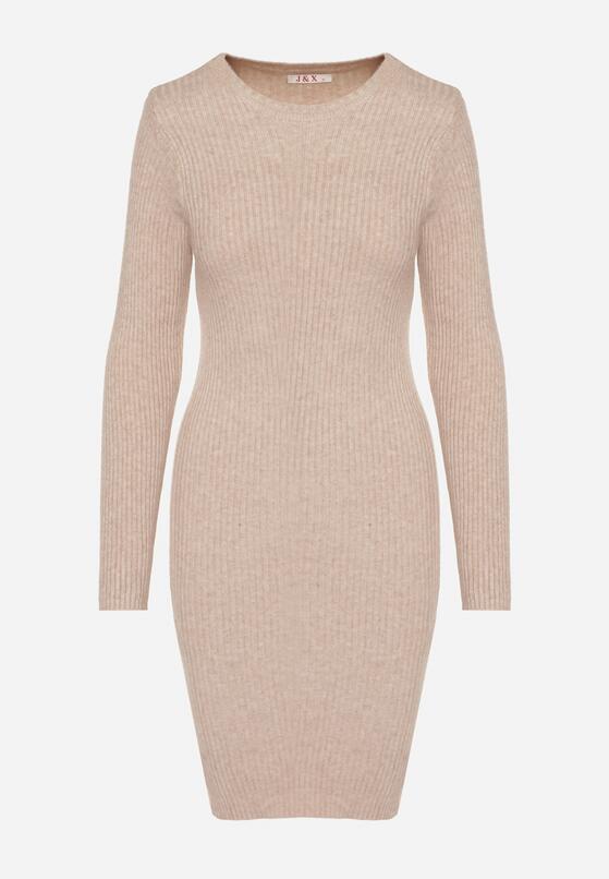 Beżowa Dopasowana Sukienka z Prążkowanej Dzianiny z Bawełną Tesmera 6