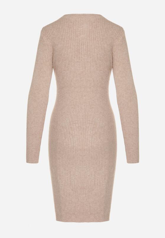 Beżowa Dopasowana Sukienka z Prążkowanej Dzianiny z Bawełną Tesmera 7