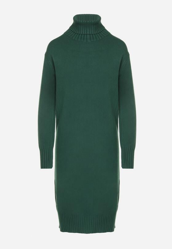 Zielona Dzianinowa Sukienka z Bawełną o Prostym Kroju z Golfem Tesala 6