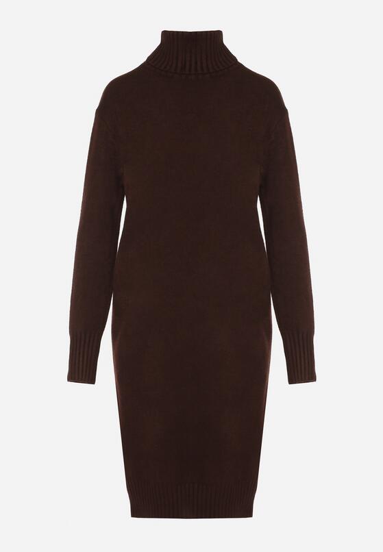 Brązowa Dzianinowa Sukienka z Bawełną o Prostym Kroju z Golfem Tesala 6