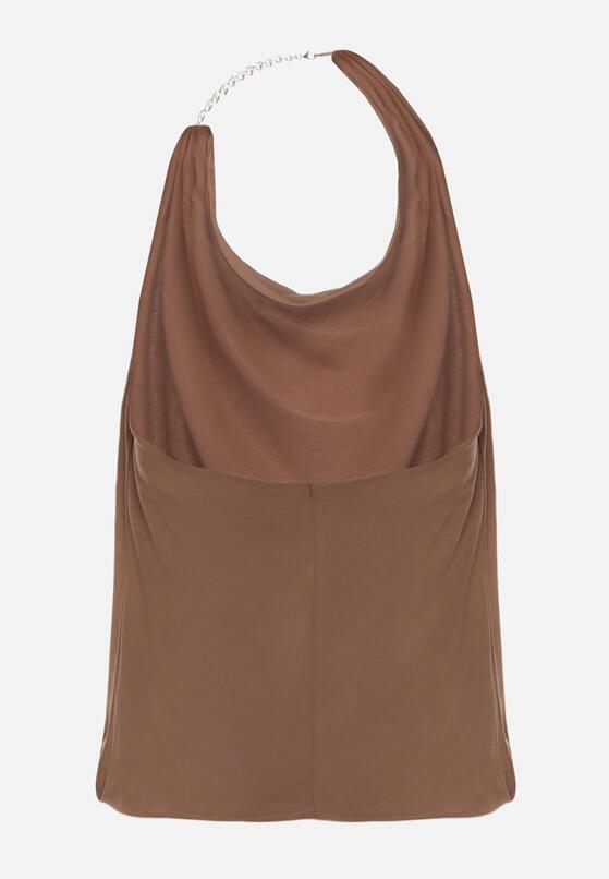 Brązowy Elegancki Top Halter Ozdobiony Łańcuszkiem i Kwiatową Broszką Idisara 7