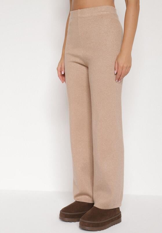 Beżowy Komplet z Wiskozą Ozdobiony Metaliczną Nicią Sweter z Półgolfem i Szerokie Spodnie Aresina 4