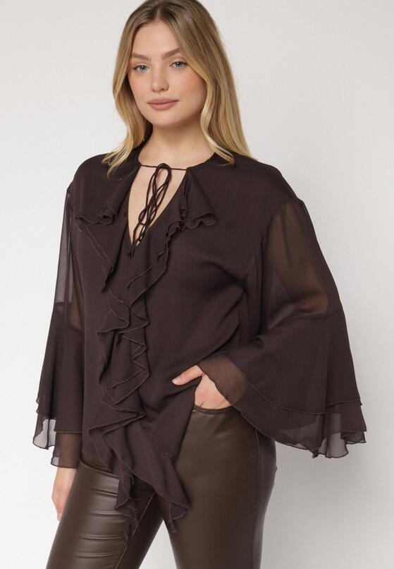 Brązowa Bluzka w Rustykalnym Stylu z Wiązaniem i Falbankami Nenarea 1