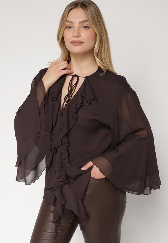 Brązowa Bluzka w Rustykalnym Stylu z Wiązaniem i Falbankami Nenarea 2