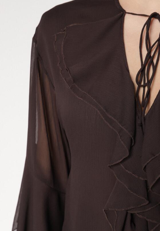 Brązowa Bluzka w Rustykalnym Stylu z Wiązaniem i Falbankami Nenarea 5
