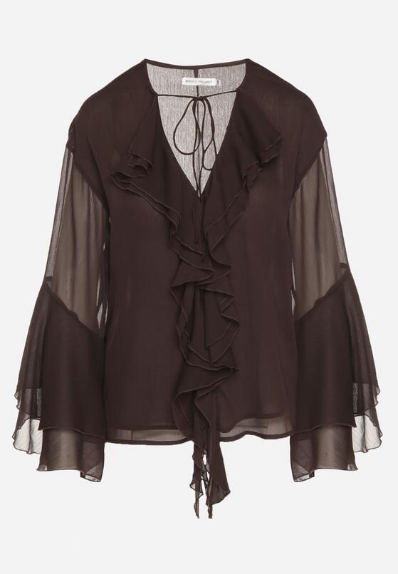 Brązowa Bluzka w Rustykalnym Stylu z Wiązaniem i Falbankami Nenarea 6