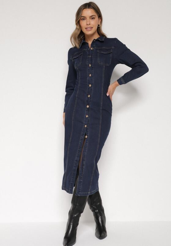 Granatowa Jeansowa Sukienka Koszulowa o Taliowanym Kroju Neveala 1