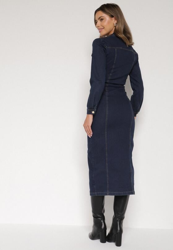 Granatowa Jeansowa Sukienka Koszulowa o Taliowanym Kroju Neveala 3