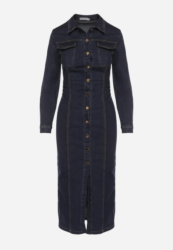 Granatowa Jeansowa Sukienka Koszulowa o Taliowanym Kroju Neveala 6