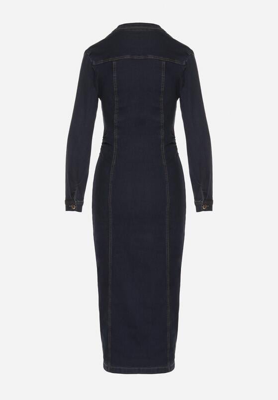 Granatowa Jeansowa Sukienka Koszulowa o Taliowanym Kroju Neveala 7