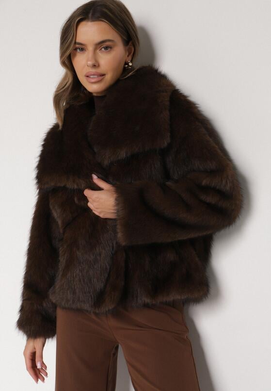Brązowa Oversizowa Kurtka Futerko z Szerokim Kołnierzem Reilia 1