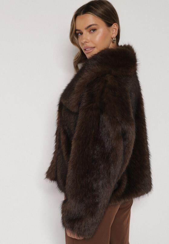 Brązowa Oversizowa Kurtka Futerko z Szerokim Kołnierzem Reilia 3