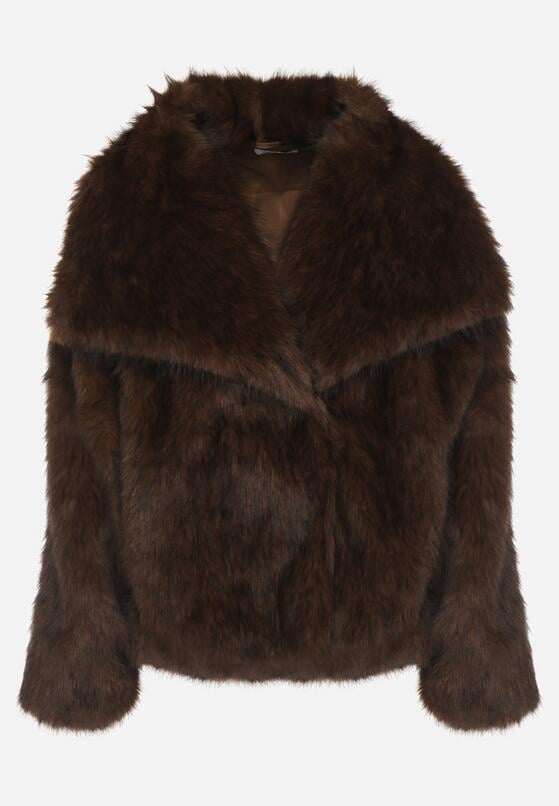 Brązowa Oversizowa Kurtka Futerko z Szerokim Kołnierzem Reilia 6