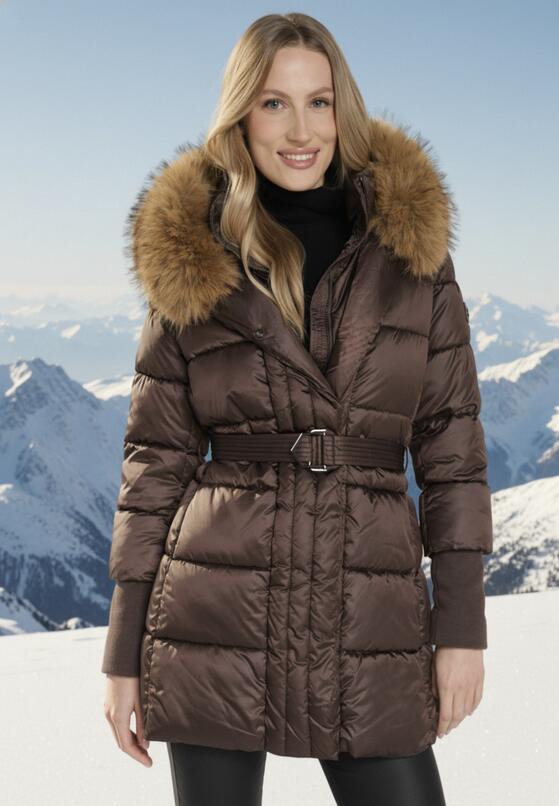 Brązowa Kurtka z Pikowanymi Przeszyciami Paskiem i Kapturem z Futrem Lidanessa 1