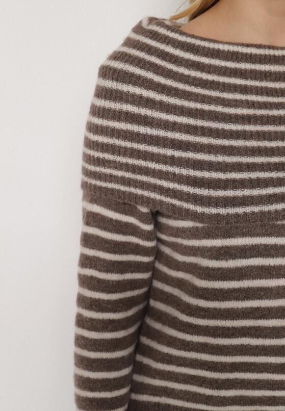 Jasnobrązowy Sweter w Paski z Dodatkiem Wełny i Wiskozy z Odkrytymi Ramionami Nedarra 5