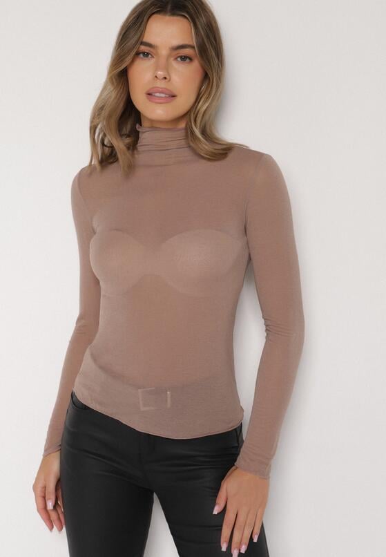 Brązowa Bluzka z Golfem Typu Longsleeve z Wiskozy z Kaszmirem Fedine 4