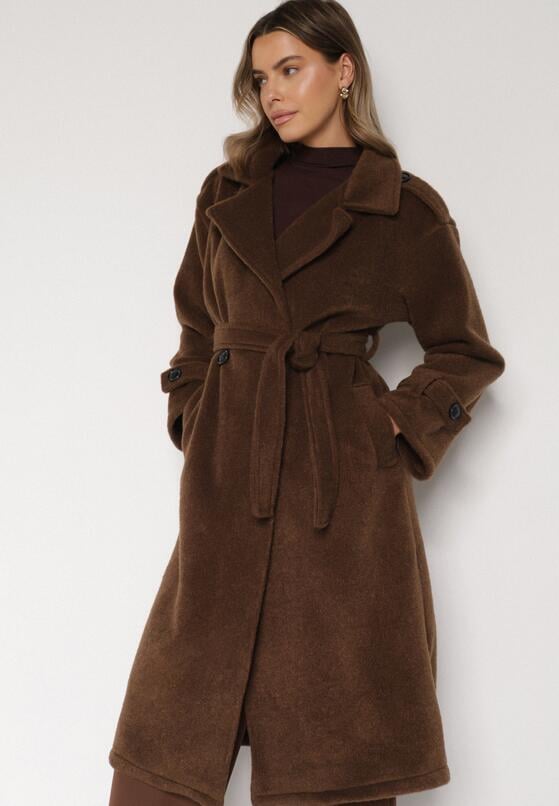 Brązowy Elegancki Płaszcz z Wiązanym Paskiem i Kieszeniami Nyredi 1