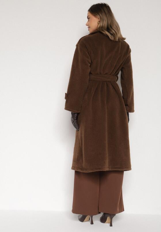 Brązowy Elegancki Płaszcz z Wiązanym Paskiem i Kieszeniami Nyredi 3