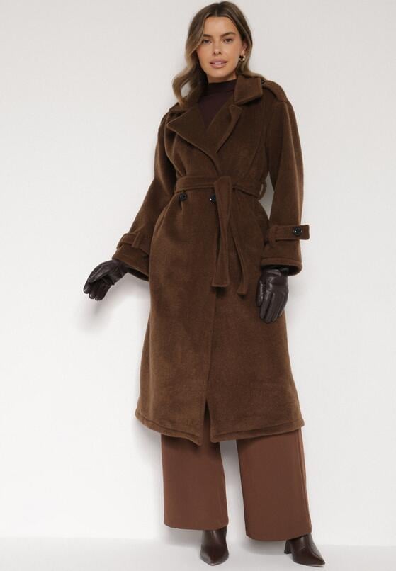 Brązowy Elegancki Płaszcz z Wiązanym Paskiem i Kieszeniami Nyredi 4