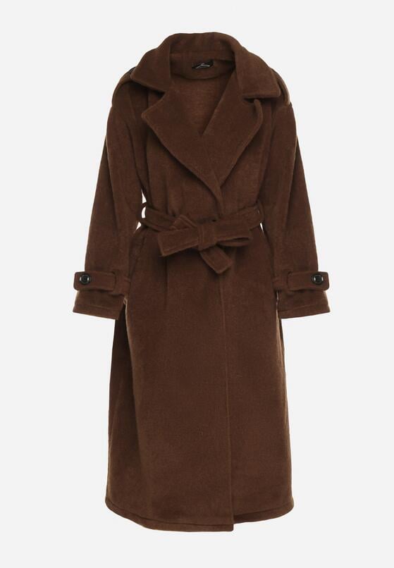 Brązowy Elegancki Płaszcz z Wiązanym Paskiem i Kieszeniami Nyredi 6