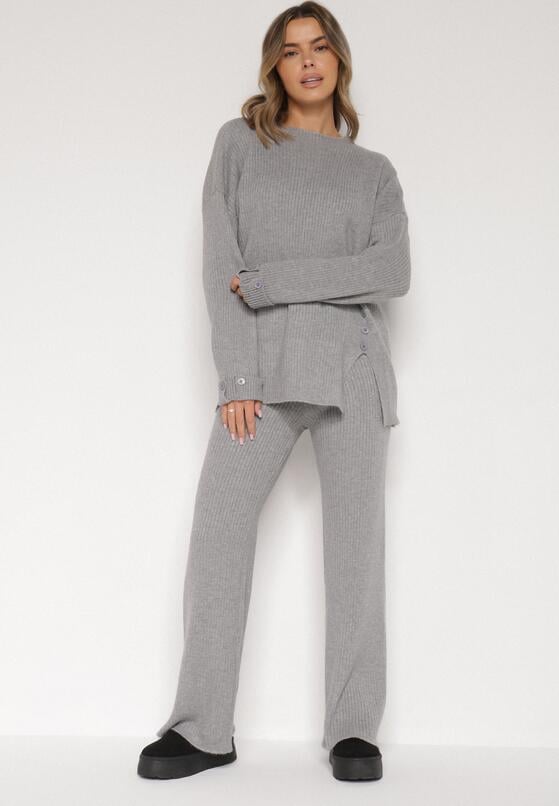 Ciemnoszary Komplet z Bawełną i Wełną Sweter z Guzikami i Proste Spodnie Reisadia 1