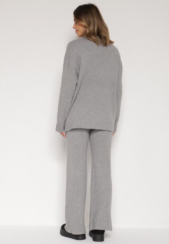 Ciemnoszary Komplet z Bawełną i Wełną Sweter z Guzikami i Proste Spodnie Reisadia 3