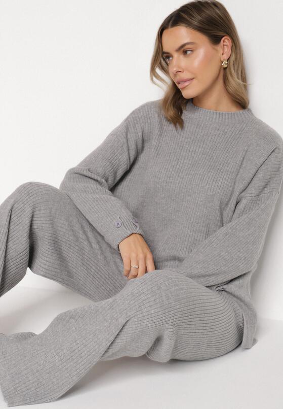 Ciemnoszary Komplet z Bawełną i Wełną Sweter z Guzikami i Proste Spodnie Reisadia 5