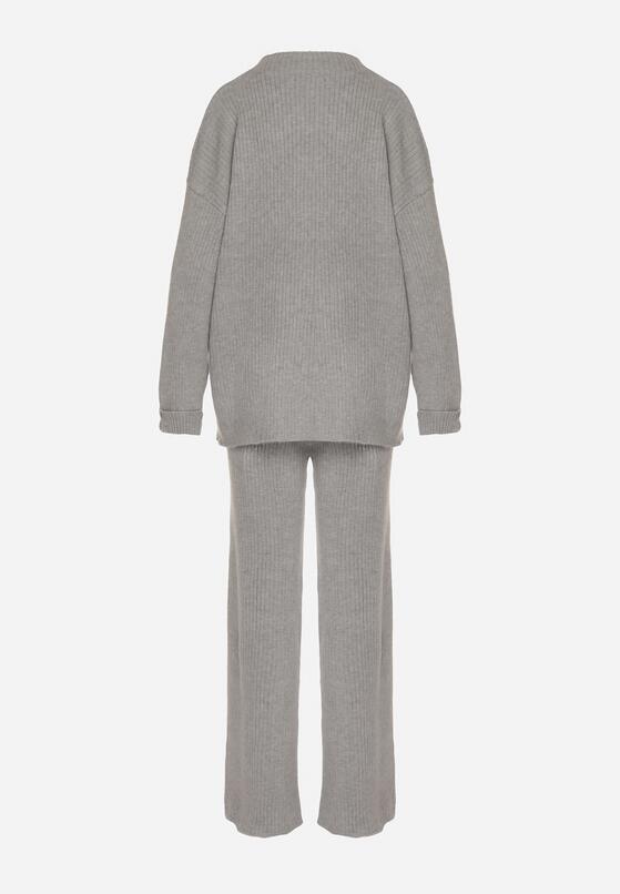 Ciemnoszary Komplet z Bawełną i Wełną Sweter z Guzikami i Proste Spodnie Reisadia 7