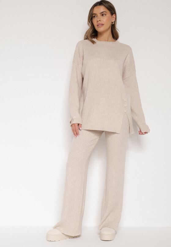 Jasnobeżowy Komplet z Bawełną i Wełną Sweter z Guzikami i Proste Spodnie Reisadia 1