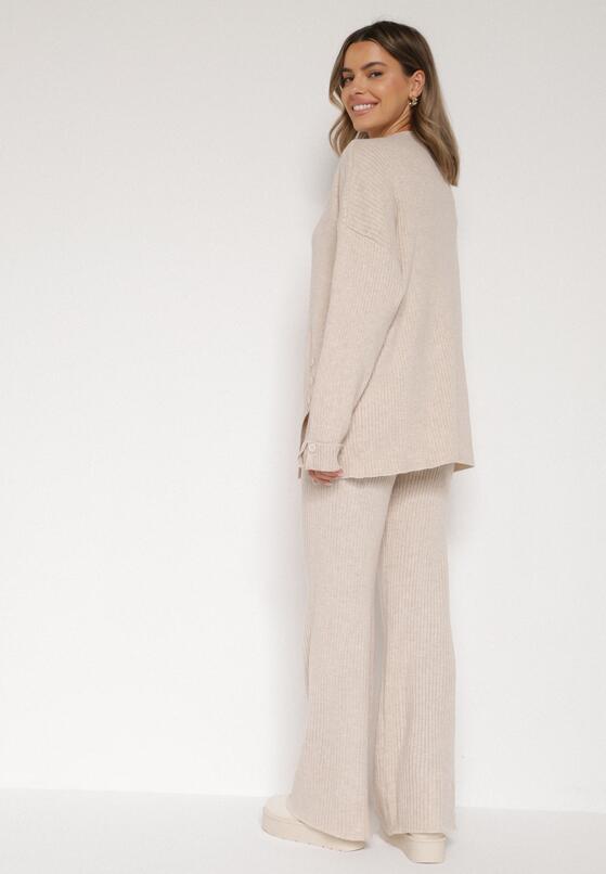 Jasnobeżowy Komplet z Bawełną i Wełną Sweter z Guzikami i Proste Spodnie Reisadia 3