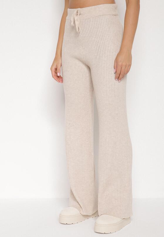 Jasnobeżowy Komplet z Bawełną i Wełną Sweter z Guzikami i Proste Spodnie Reisadia 4