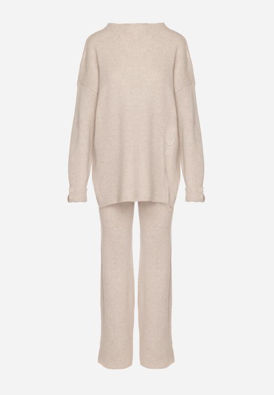 Jasnobeżowy Komplet z Bawełną i Wełną Sweter z Guzikami i Proste Spodnie Reisadia 6