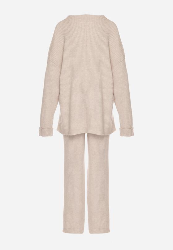Jasnobeżowy Komplet z Bawełną i Wełną Sweter z Guzikami i Proste Spodnie Reisadia 7