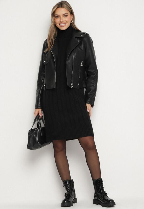 Czarna Sweterkowa Sukienka z Golfem Wełną i Bawełną Ozdobiona Splotem Reiania 2