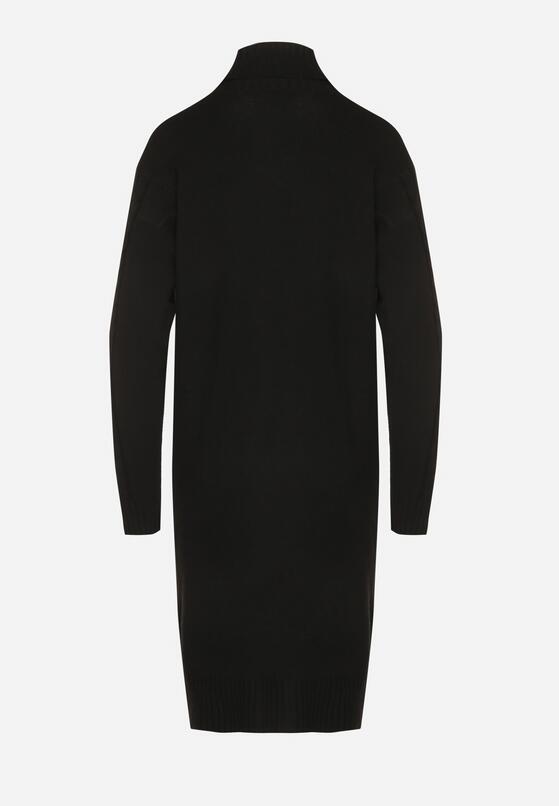 Czarna Sweterkowa Sukienka z Golfem Wełną i Bawełną Ozdobiona Splotem Reiania 7