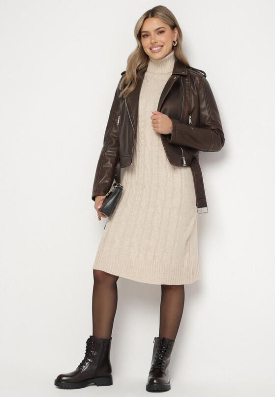 Jasnobeżowa Sweterkowa Sukienka z Golfem Wełną i Bawełną Ozdobiona Splotem Reiania 2