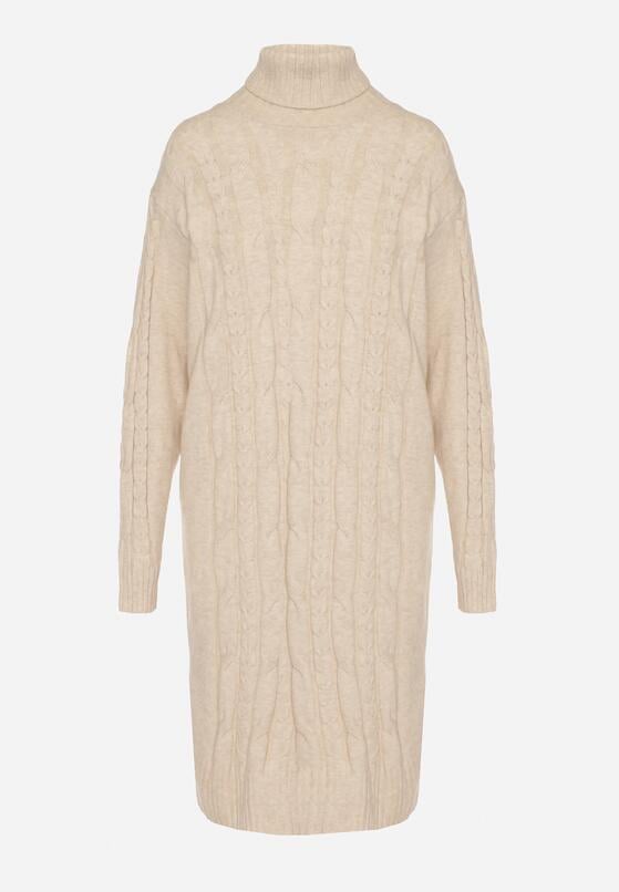 Jasnobeżowa Sweterkowa Sukienka z Golfem Wełną i Bawełną Ozdobiona Splotem Reiania 6
