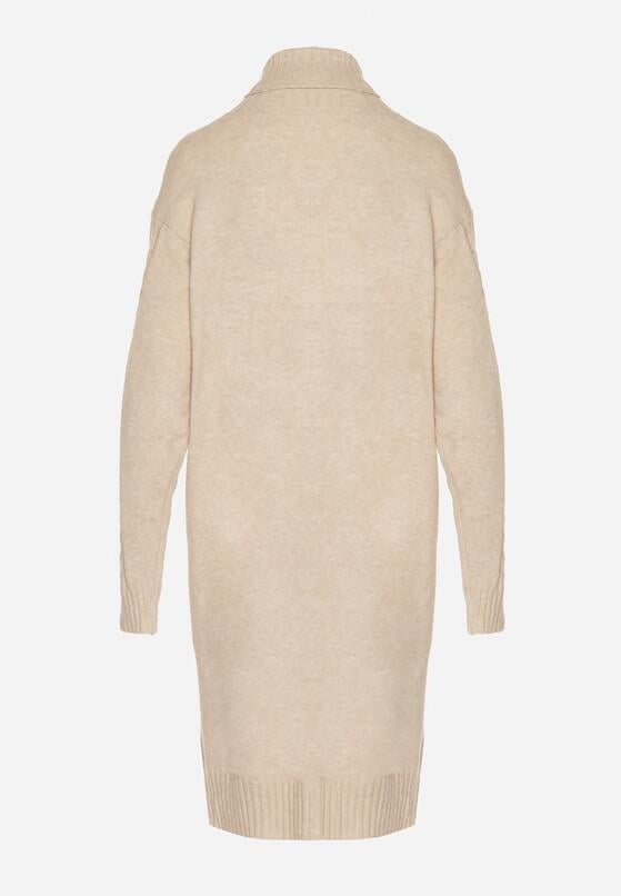 Jasnobeżowa Sweterkowa Sukienka z Golfem Wełną i Bawełną Ozdobiona Splotem Reiania 7